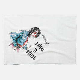 Varning ta en bild kökshandduk