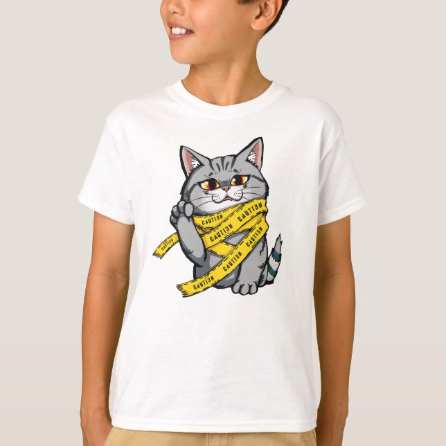 Varning Tape Cat - Funny Grått Tabby med förhöjd P T Shirt (Framsida)