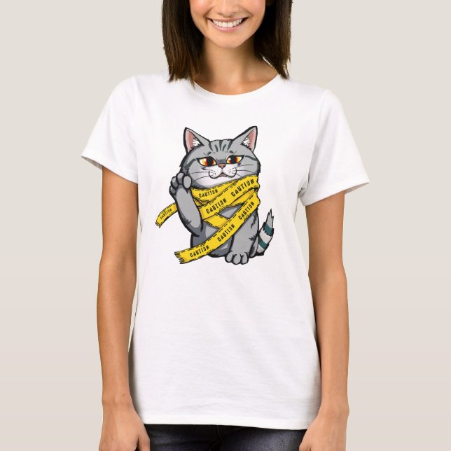 Varning Tape Cat - Funny Grått Tabby T Shirt (Framsida)