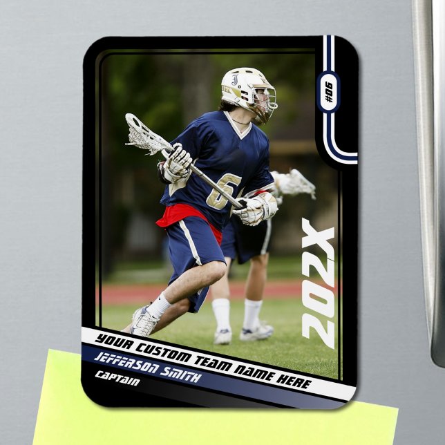 Varningskort för Lacrosse Player i svart blått Magnet (Lacrosse Player Magnet in Black with Custom Team Name and Blue White Elements)