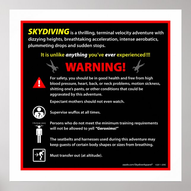 Varningsskylt för temaparken SKYDIVING Poster (Framsidan)