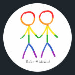 Varor från paret bröllop runt klistermärke<br><div class="desc">Fira din union med den här klara och lekande bröllopsinbjudan! Det har en nära stick figur teckning av två manar, som är lovande omfamnad, och som går emot ett förbluffande regnbåge i färg. Detta unika kort är en perfekt för homosexuella män och par som vill ha en roligt, ett modernt...</div>