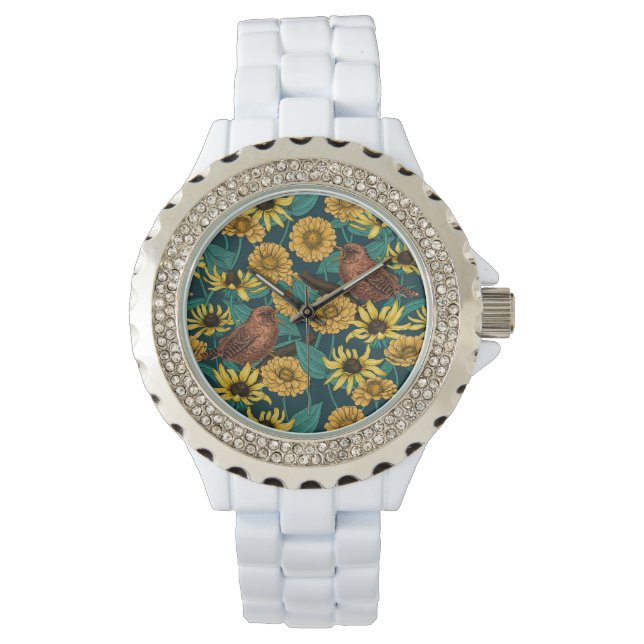 Varor och blommor på mörk blått armbandsur (Framsida)