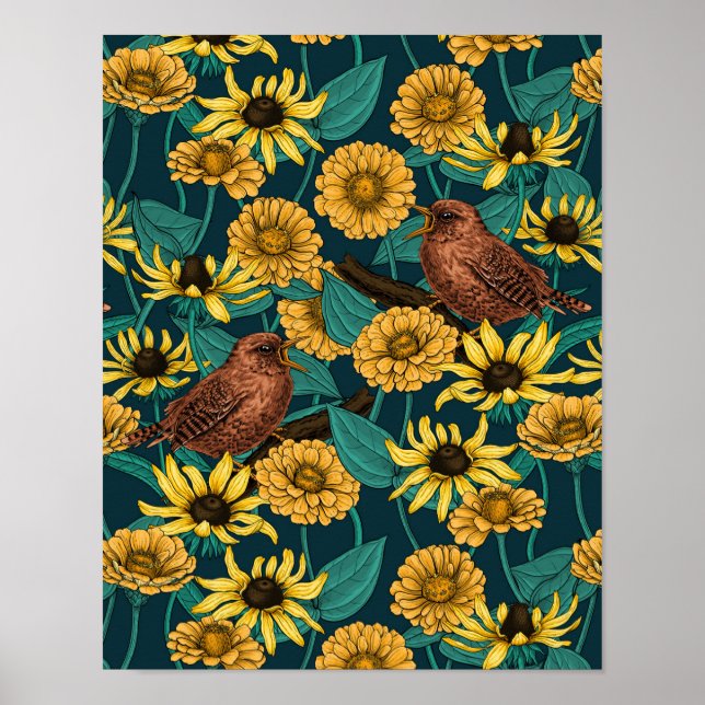 Varor och blommor på mörk blått poster (Framsidan)
