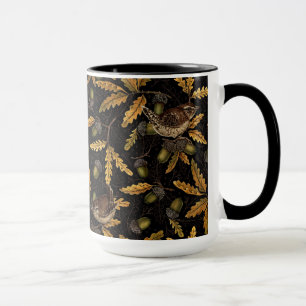 Varor och bokstäver på svart mugg