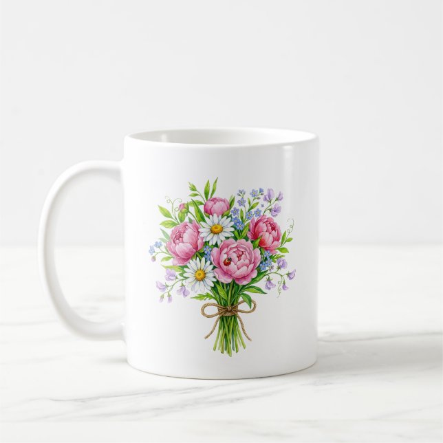 Vårpåfågelsömbouquet Vattenfärg Nyckelpiga Mugg (Vänster)
