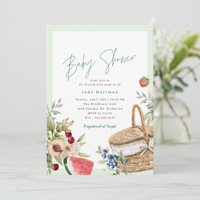 Vårpicknick | Neutralt grön baby shower brunch Inbjudningar (Stående Fram)