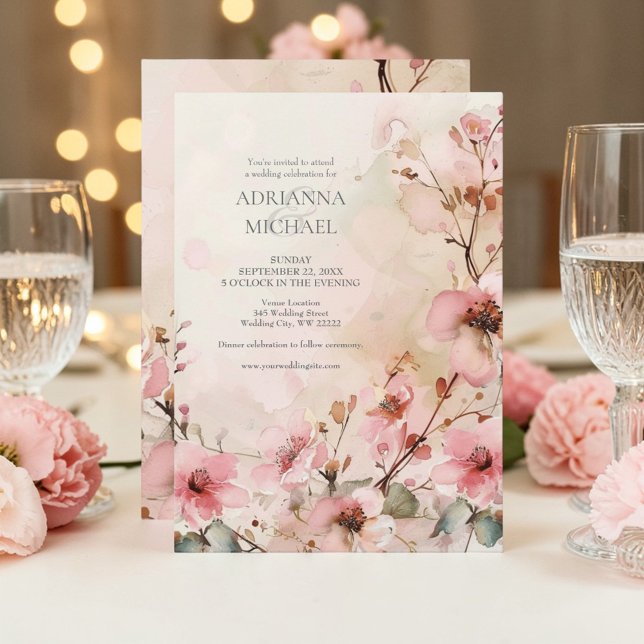 Vårpink blomsterbröllopsinbjudan inbjudningar (Skapare uppladdad)
