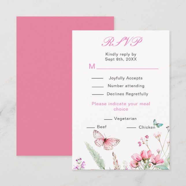 Vårpink Fjäril Blommig Bröllop OSA Kort (Fram/baksida)