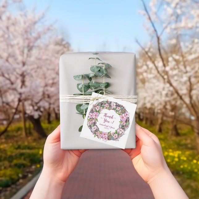 Vårpink floral krans Tack Gåvor Etiketter (Skapare uppladdad)