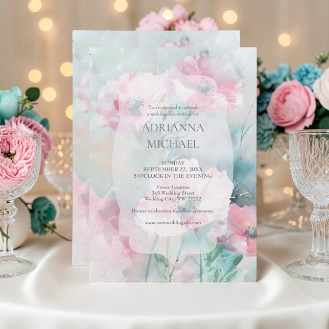 Vårpink och teal blomsterbröllopsinbjudan inbjudningar (Skapare uppladdad)
