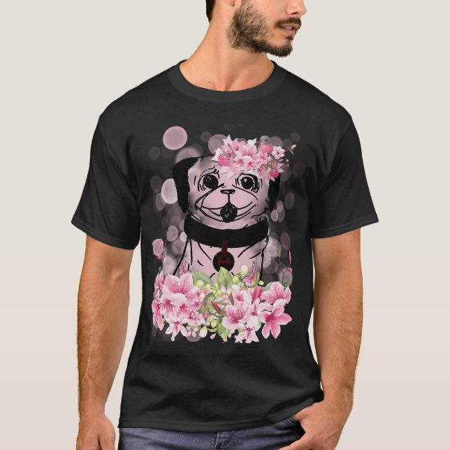 Vårpug, vårpug med rosa blommor, rosa husdjur t shirt (Framsida)