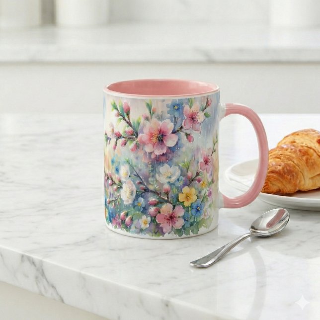 Vårregn Blommar Akvarell Cottagecore Mugg (Spring Rain Blossom Watercolor Cottagecore Mug Mockup 1)