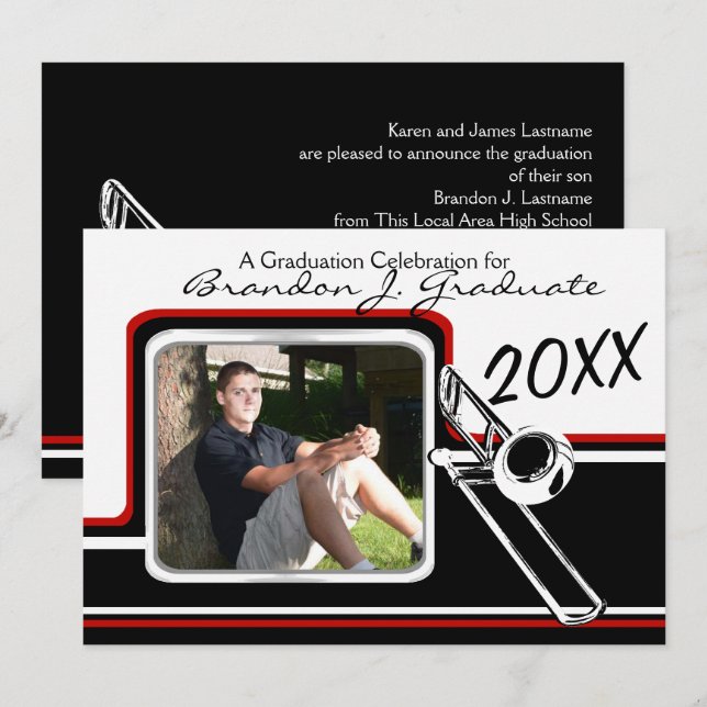 Varsity Band Trombone Studenten Photo Red Inbjudningar (Fram/baksida)