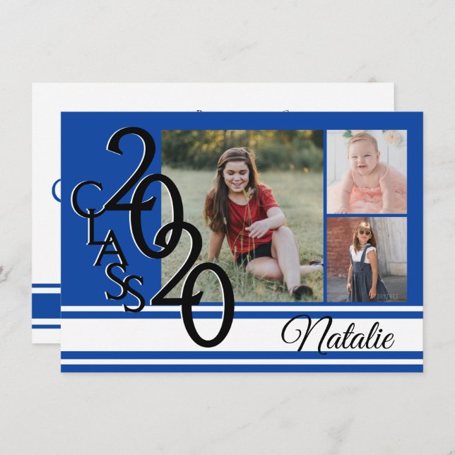 Varsity Blue 2020 Studenten Tri Photo Inbjudningar (Fram/baksida)