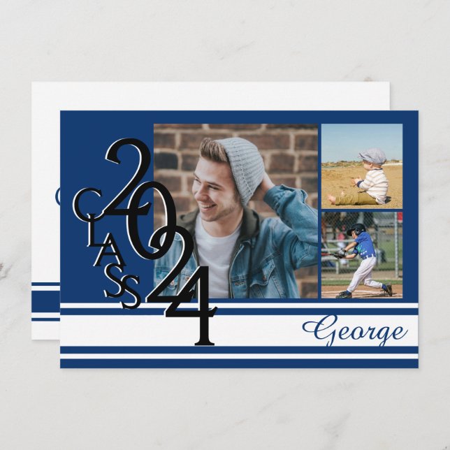 Varsity Blue 2024 Studenten Tri Photo Inbjudningar (Fram/baksida)