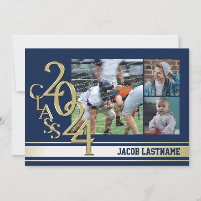 Varsity-rand Tri-fotot Guld-avgångsinbjudan Inbjudningar (Framsida)