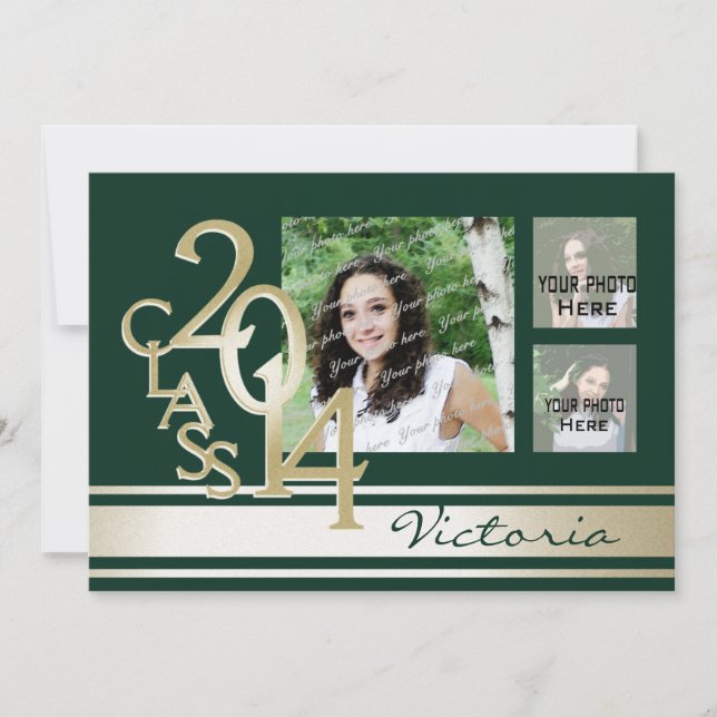 Varsity Rand Tri Photo Grönt och Guld Inbjudningar (Framsida)
