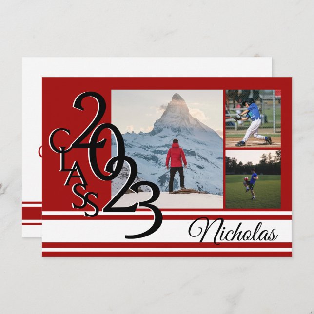 Varsity Red 2023 Studenten Tri Photo Inbjudningar (Fram/baksida)