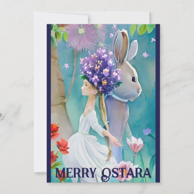 Vårskogsblomsterflicka & Haren Ostara Dagjämning Julkort (Framsida)