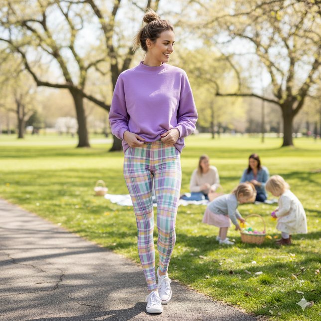 Vårstils Plaid Lavendel Grönblå och Rosa Leggings (Spring stroll meets Easter joy. perfect for showcasing seasonal comfort, color, and family fun.)