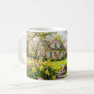 Vårstuga med bin, igelkott och blommande kaffemugg
