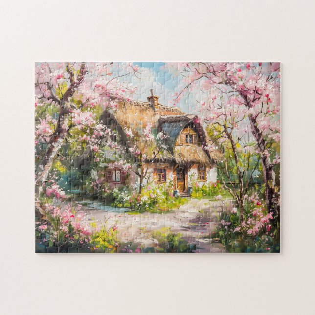 Vårstuga med blommande fruktträd pussel (Horisontell)