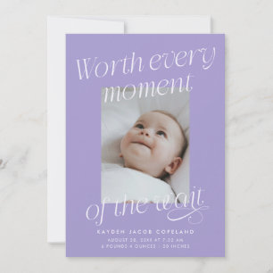 Värt att vänta Violett Foto Modern Födelse Meddelande