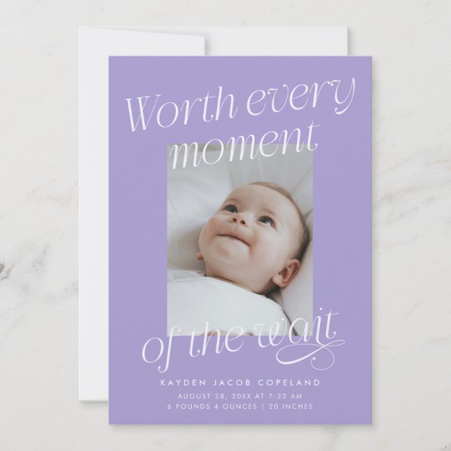 Värt att vänta Violett Foto Modern Födelse Meddelande (Framsida)