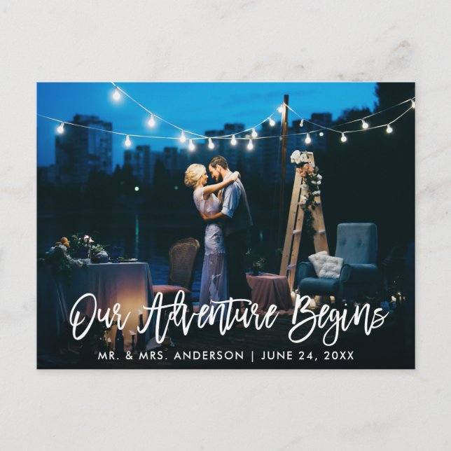 Vårt Äventyr Börjar Brush Script Bröllop Tack Vykort (Framsida)