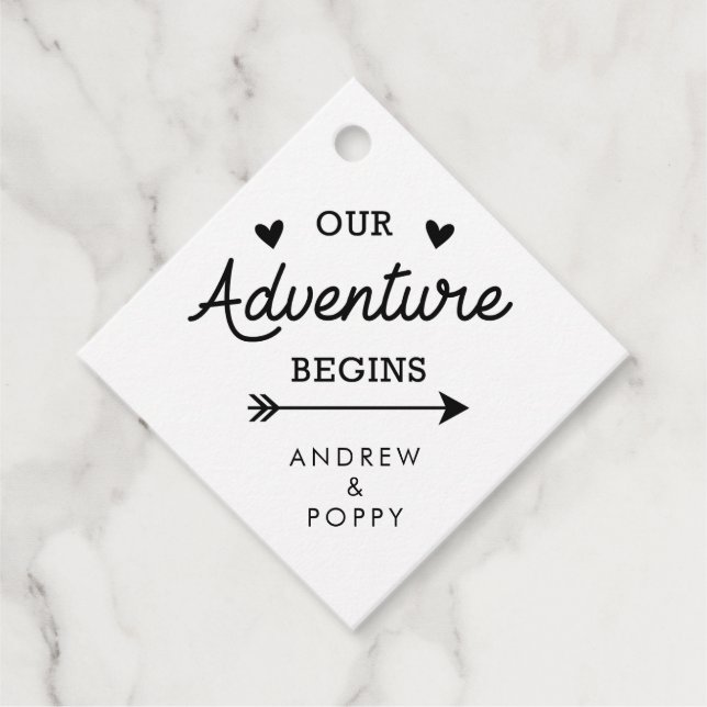 Vårt äventyr börjar hjärtan och pilar gåvor etiketter (Framsida)