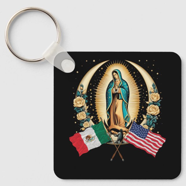 Vårt Dam Virgen De Guadalupe Mexikanska Flagga Nyckelring (Framsida)
