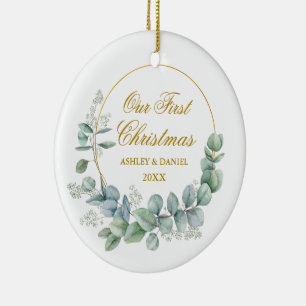 Vårt första Eucalyptus-foto i julklapp i Guld Julgransprydnad Keramik