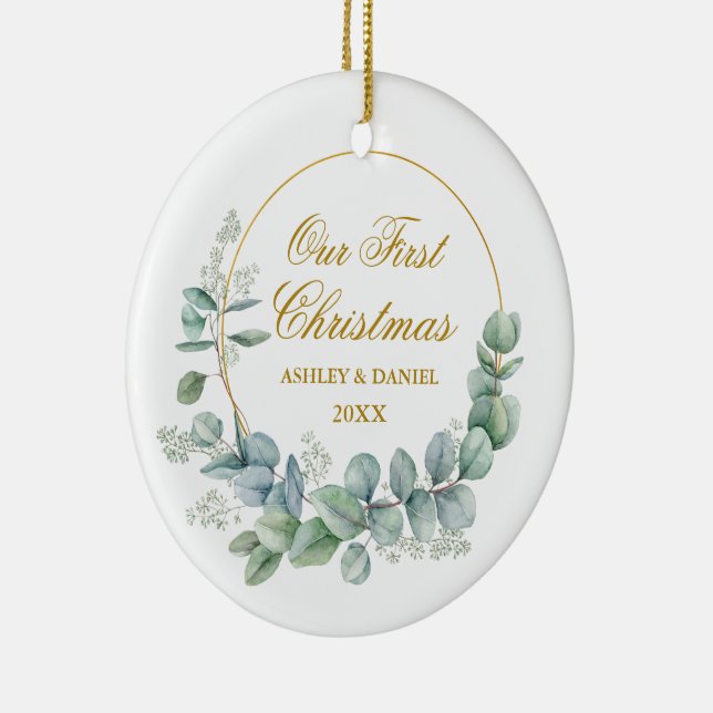 Vårt första Eucalyptus-foto i julklapp i Guld Julgransprydnad Keramik (Höger)