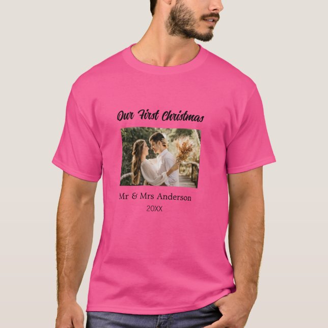 Vårt första foto av julparet namn, Mr & Mrs mod T Shirt (Framsida)