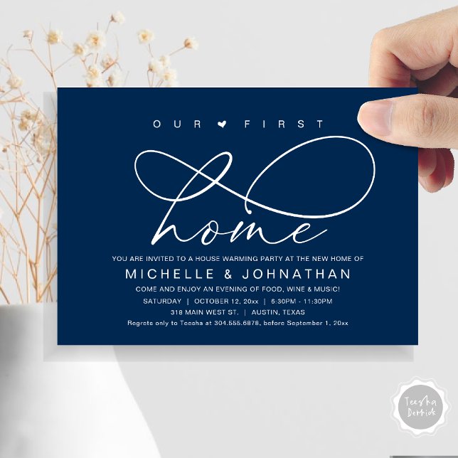 Vårt första hem, Modern Hushållsuppvärmning party Inbjudningar (Our First Home, New Housewarming Party Invitation Card, PDF, Modern Romantic Script, Navy Blue)