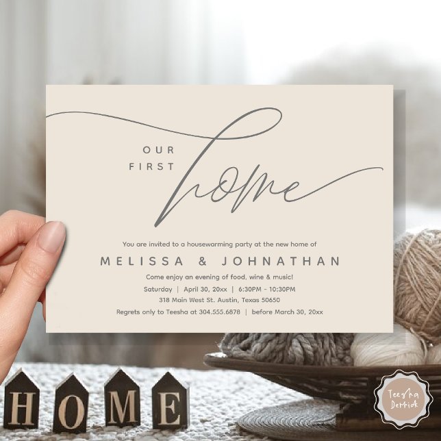 Vårt första hem, Mysiga, älskande Party Inbjudningar (Our First Home, Cozy Lovely Housewarming Party Invitation Card, PDF, Lovely Romantic Cozy Cream Grey)