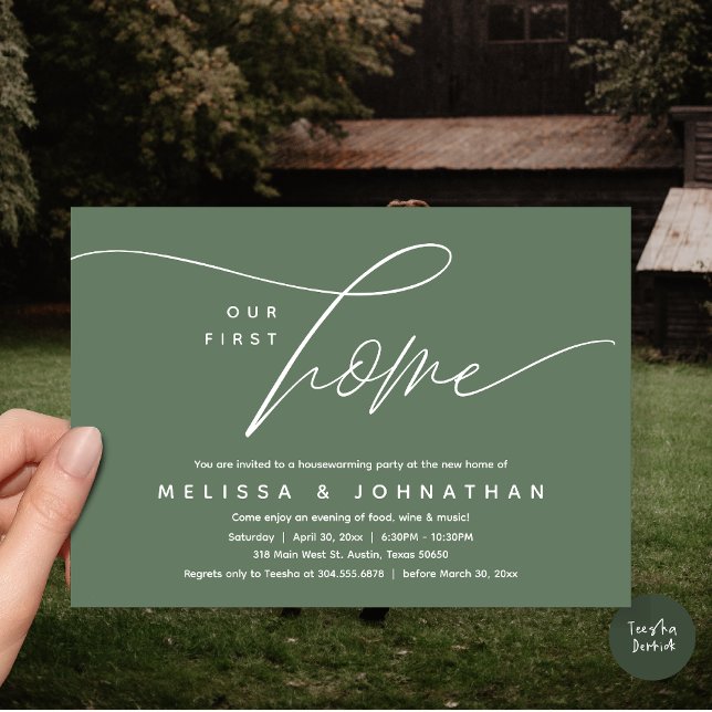 Vårt första hem, Mysiga, älskande Party Inbjudningar (Our First Home, Cozy Lovely Housewarming Party Invitation Card, PDF, Lovely Cozy Forest Sage Green)