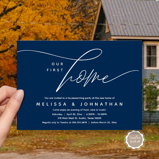 Vårt första hem, Mysiga, älskande Party Inbjudningar (Our First Home, Cozy Lovely Housewarming Party Invitation Card, PDF, Lovely Cozy Romantic Navy Blue)