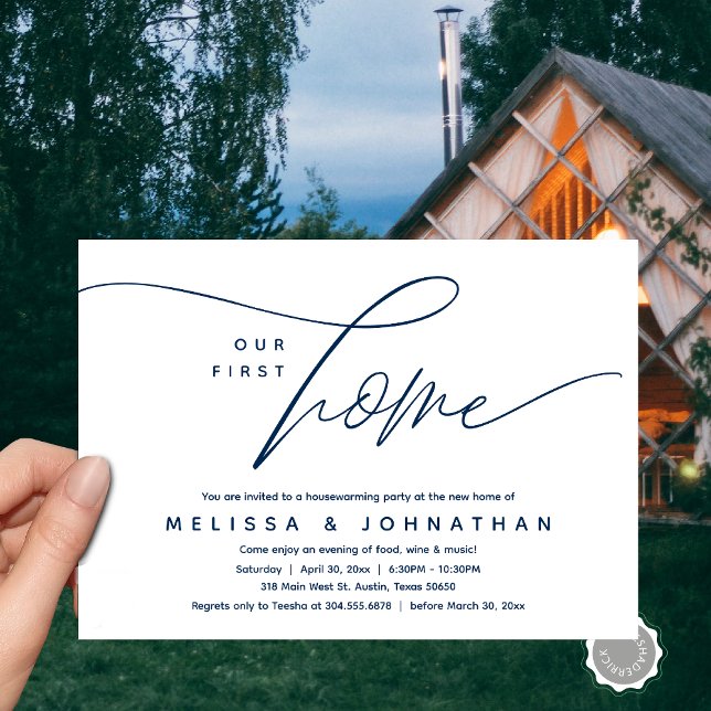 Vårt första hem, Mysiga, älskande Party Inbjudningar (Our First Home, Cozy Lovely Housewarming Party Invitation Card, PDF, Lovely Cozy Romantic Navy Blue)