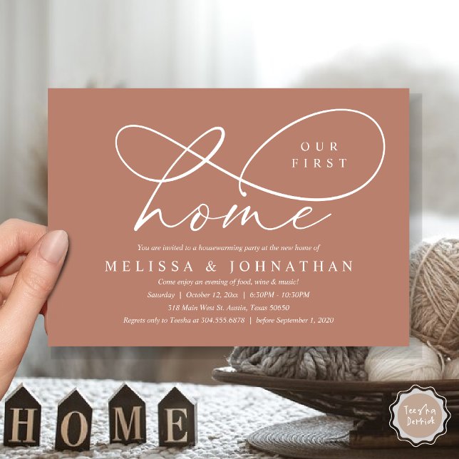 Vårt första hem, Mysiga Party Inbjudningar (Our First Home, Cozy Lovely Housewarming Party Invitation Card, PDF, Lovely Earthy Cozy Terracotta)