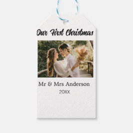 Vårt första julparfoto namn Herr & Fru mod Presentetikett