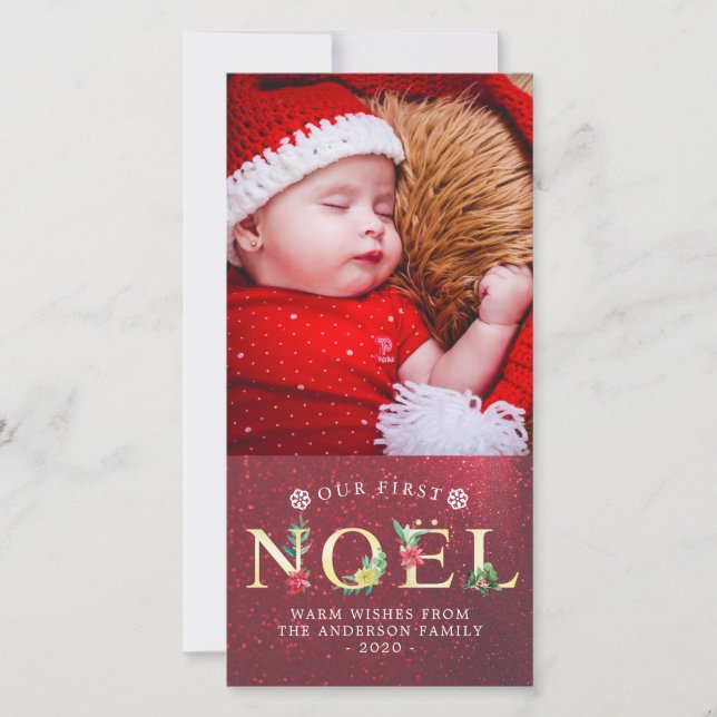 Vårt första NOEL-julfotfoto för Poinsettia Helgdag Julkort (Framsida)