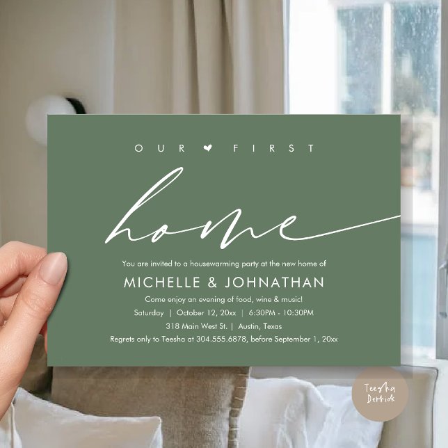 Vårt första nya hem, Party Firande Inbjudningar (Our First New Home, Housewarming Party Celebration Invitation Card, PDF, in Forest Sage Green)