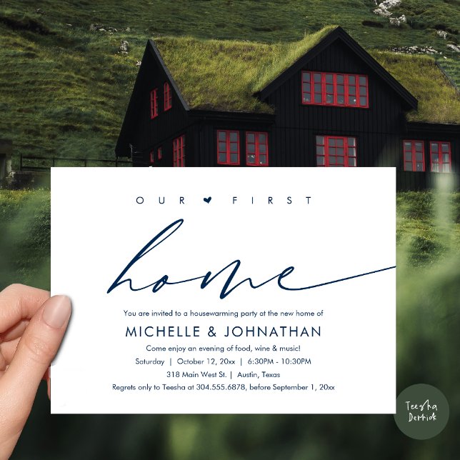Vårt första nya hem, Party Firande Inbjudningar (Our First New Home, Housewarming Party Celebration Invitation Card, PDF, in Navy Blue)