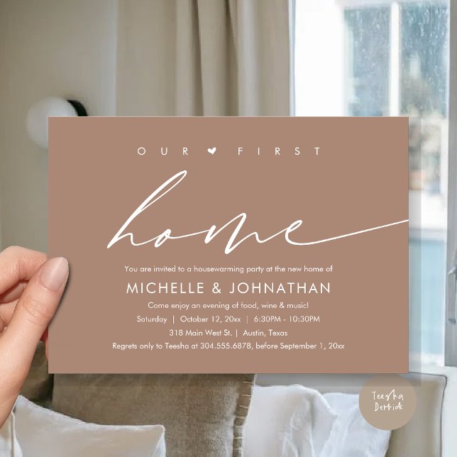 Vårt första nya hem, Party Firande Inbjudningar (Our First New Home, Housewarming Party Celebration Invitation Card, PDF, in Neutral Taupe Earthy)