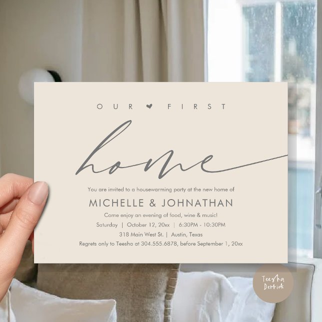 Vårt första nya hem, Party Firande Inbjudningar (Our First New Home, Housewarming Party Celebration Invitation Card, PDF, in Dark Grey Cream)