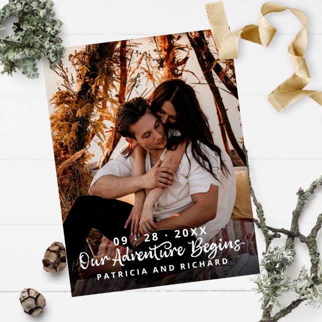 Vårt foto Äventyr börjar Bröllop spara datum Vykort (Skapare uppladdad)