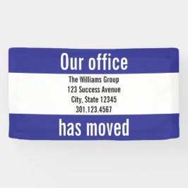 Vårt kontor har Flyttat annonsering blått och vitt