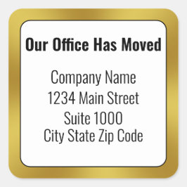 Vårt kontor har Flyttat Black White och Guld Busin Fyrkantigt Klistermärke